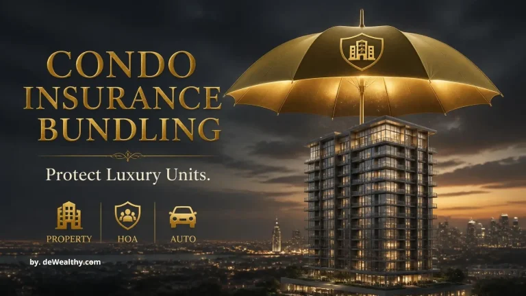 High-value condo insurance bundling banner: a golden umbrella over a luxury tower — insuring high-rise units, closing massive HOA liability gaps, and bundling executive property and auto risks.