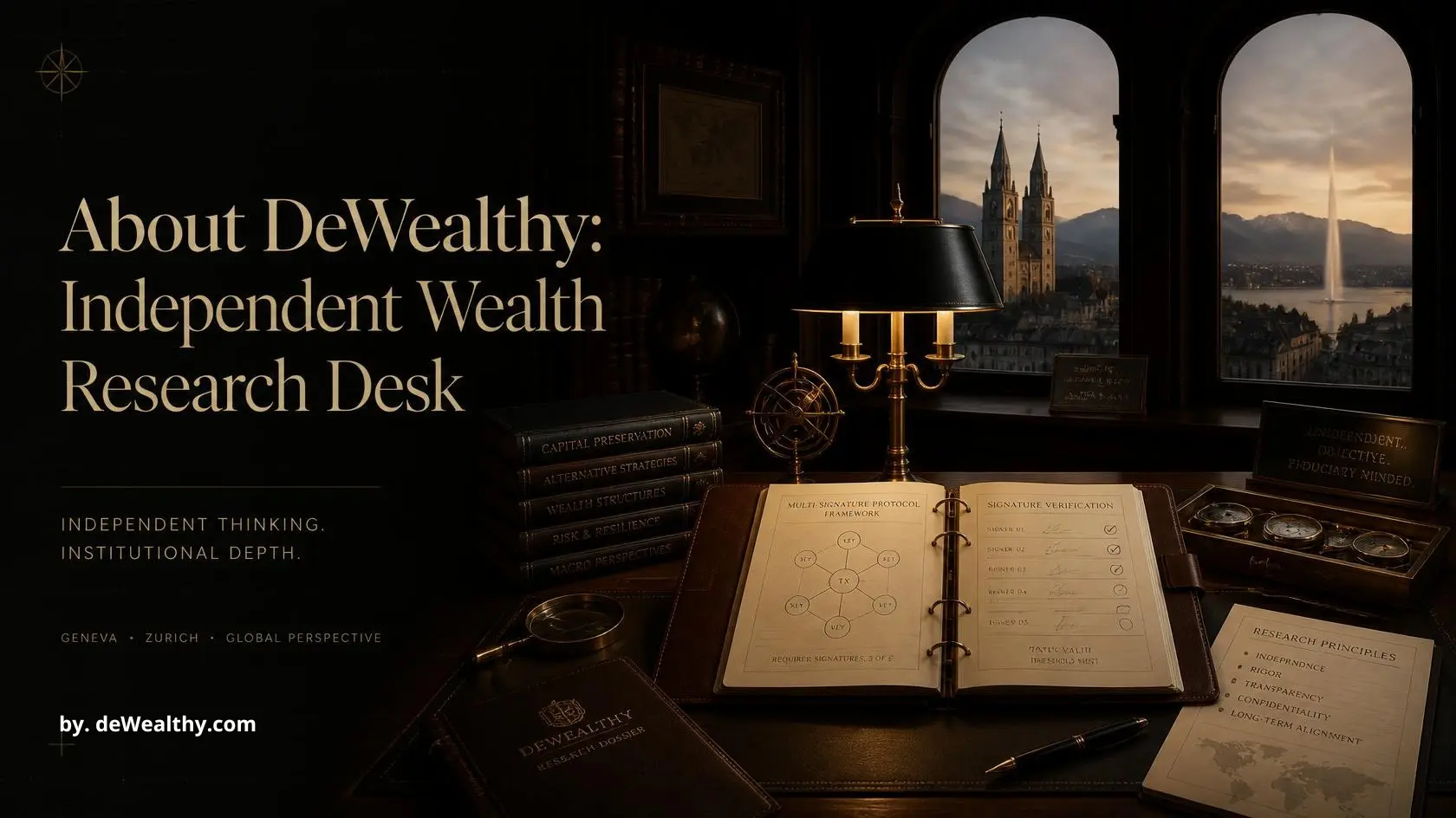 DeWealthy independent wealth research desk: mahogany desk in Geneva private library with leather dossiers and cryptographic ledger, symbolizing institutional-grade research for HNW principals.