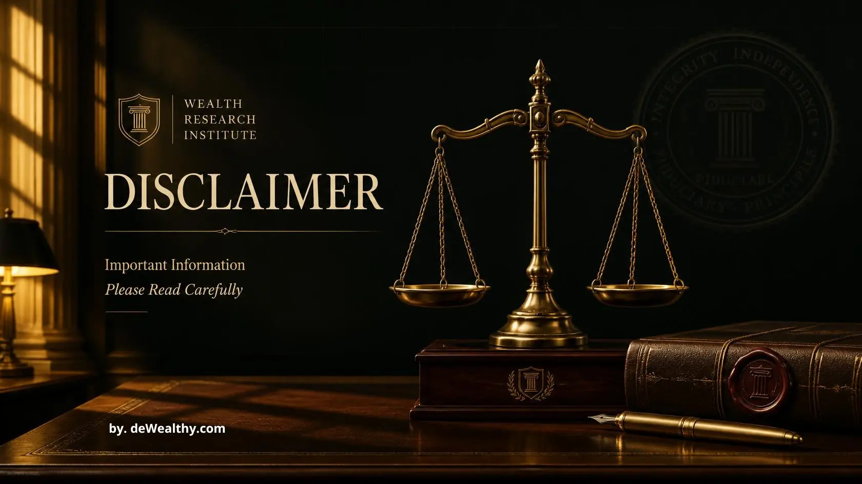 DeWealthy wealth research educational disclaimer: antique brass scales of justice balanced on mahogany pedestal with sealed leather dossier and fountain pen, symbolizing institutional-grade editorial boundaries for HNW readers.