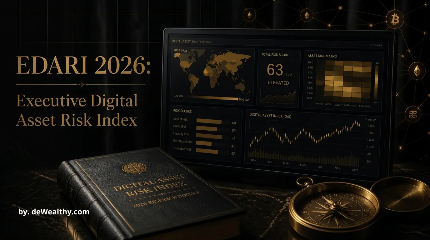 DeWealthy 2026 Executive Digital Asset Risk Index: Bloomberg-style terminal with risk heat maps and leather research dossier, symbolizing institutional-grade digital asset risk assessment for HNW executives.