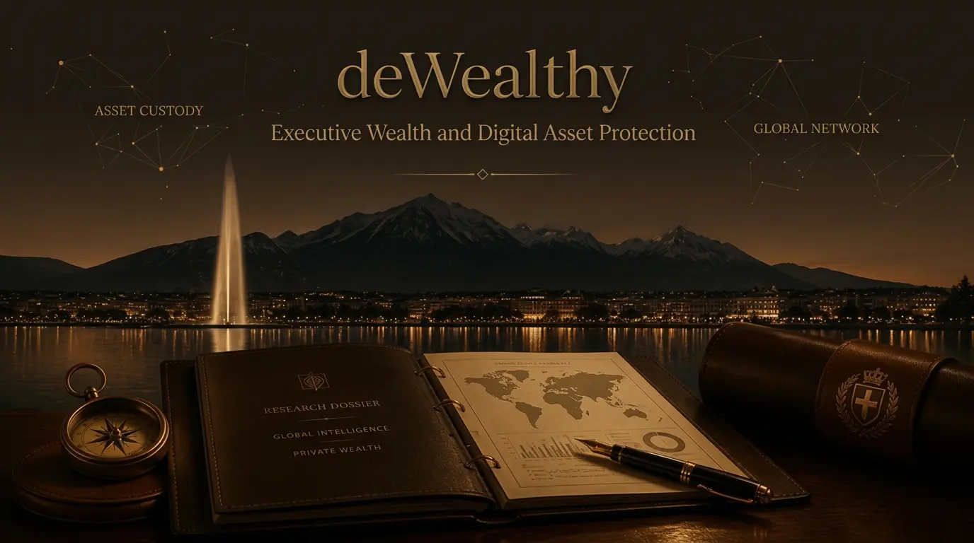 DeWealthy homepage: panoramic Lake Geneva at dusk with Jet d'Eau fountain and Swiss Alps silhouette, mahogany desk with leather research dossier and brass compass, symbolizing institutional-grade wealth research for HNW principals.