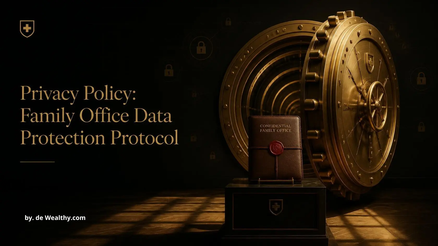 DeWealthy family office data privacy protocol: Swiss private banking vault door in antique gold revealing concentric security rings and a sealed leather dossier, symbolizing institutional-grade confidentiality for HNW principals.