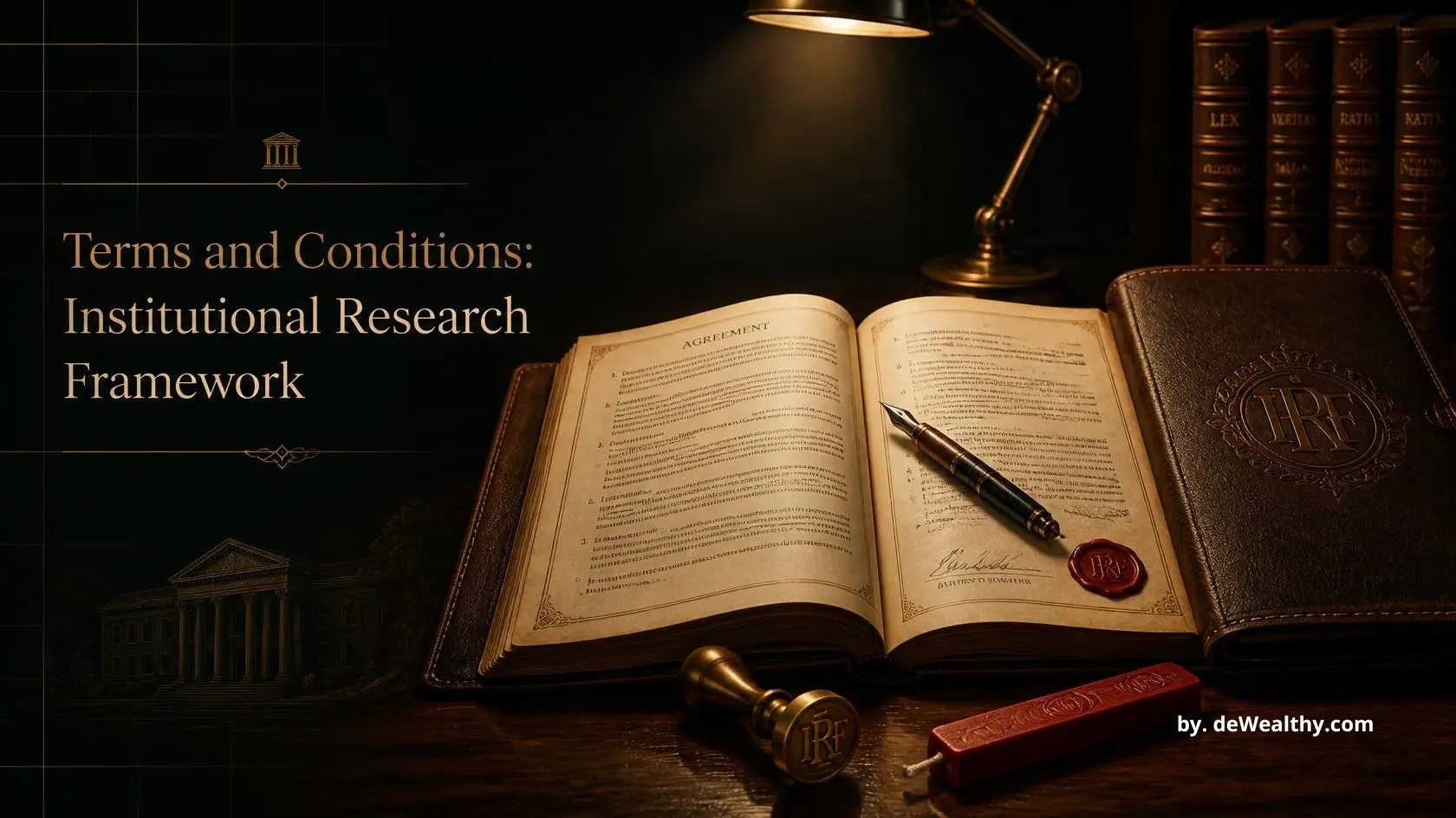 DeWealthy institutional research terms of service: antique leather-bound contract book open on mahogany desk with brass wax seal, red sealing wax, and fountain pen, symbolizing binding contractual framework for HNW readers.