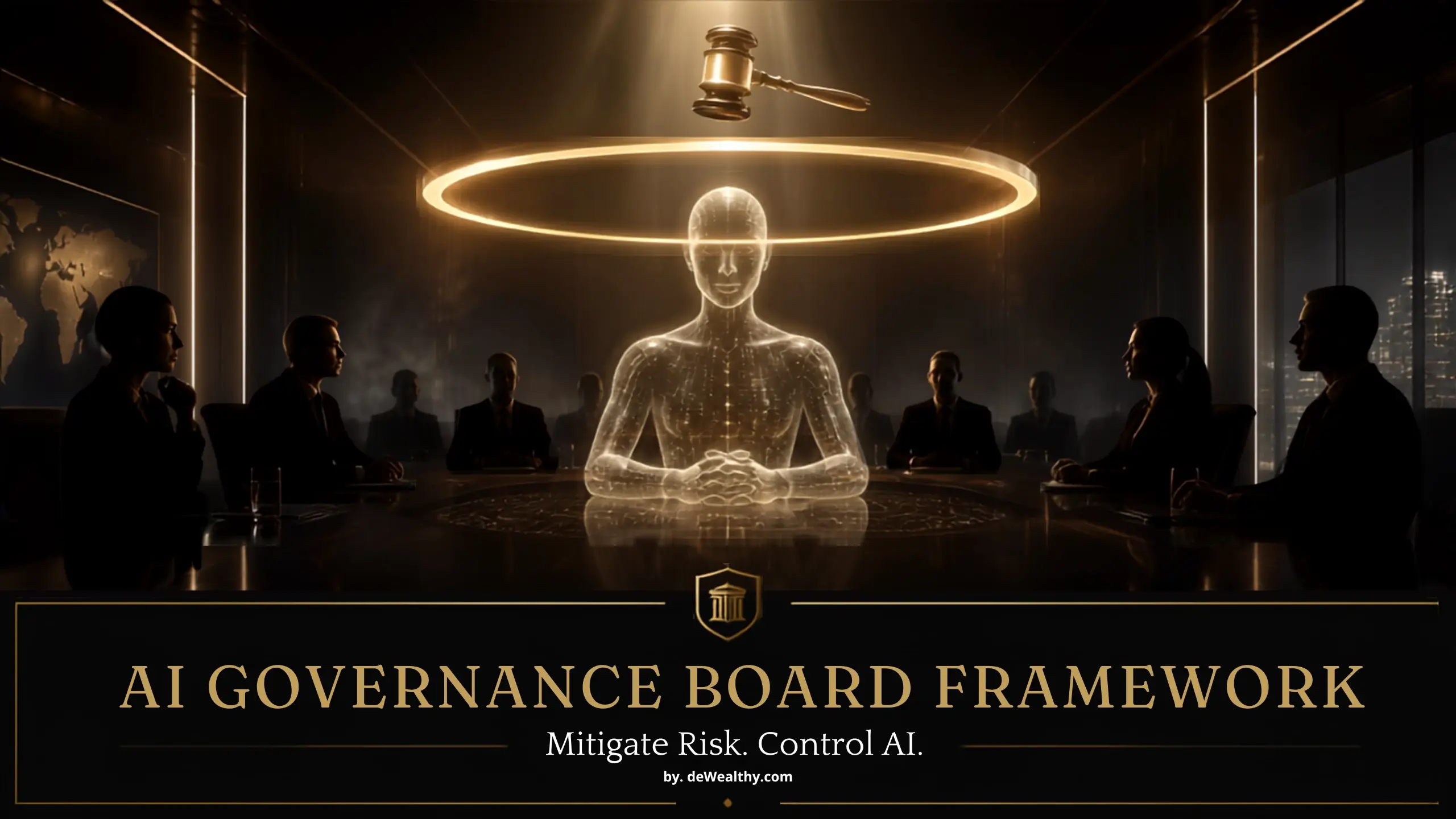 AI governance board framework banner: an AI hologram beneath a golden oversight ring — mitigating enterprise algorithmic risk, protecting the C-suite from regulatory fines, and establishing AI oversight.
