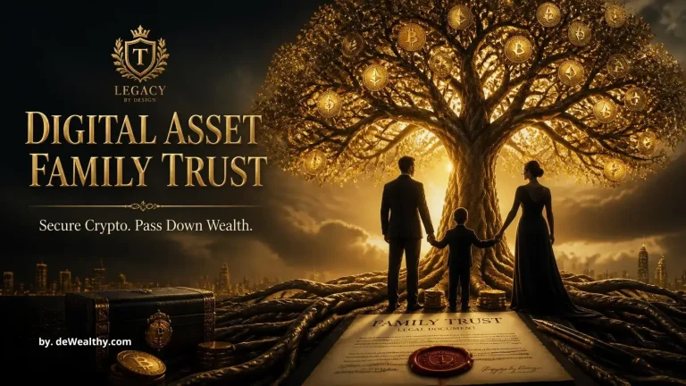 Digital asset family trust banner: a golden trust tree sheltering three generations — securing crypto and tokenized real-world assets and bypassing probate for heirs.