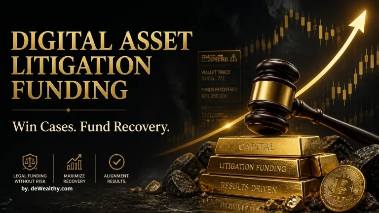 Digital asset litigation funding banner: a gavel over golden capital bars — financing massive DeFi fraud recoveries, funding crypto class actions, and shifting legal risk to third-party funders.