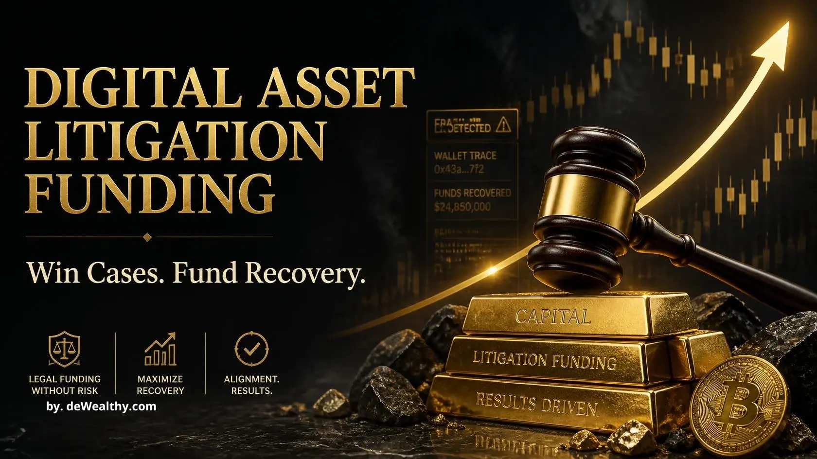 Digital asset litigation funding banner: a gavel over golden capital bars — financing massive DeFi fraud recoveries, funding crypto class actions, and shifting legal risk to third-party funders.