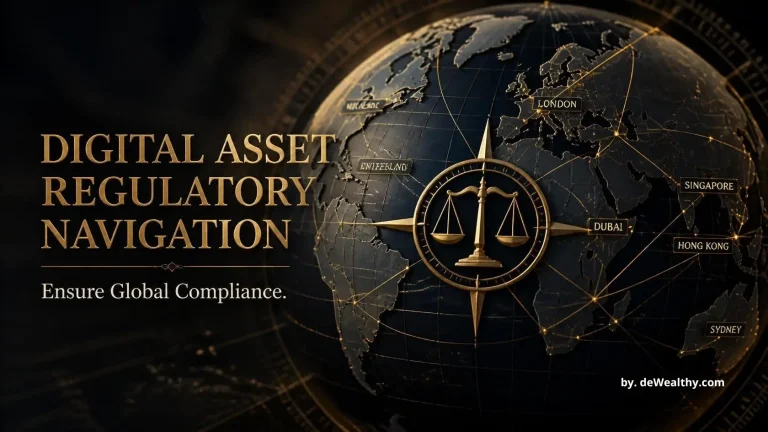 Digital asset regulatory navigation banner: golden compliance routes across a dark globe — navigating cross-border crypto laws, ensuring family office compliance, and structuring offshore digital entities.