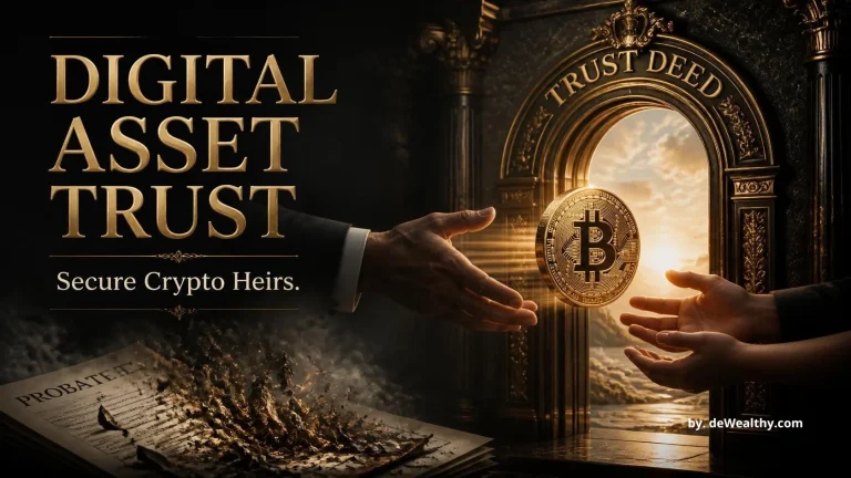 Digital asset trust structure banner: Bitcoin passing through a golden trust deed to heirs — legally securing crypto, bypassing probate, and structuring tokenized wealth succession.