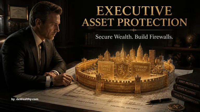 Executive asset protection banner: an executive over a fortress blueprint — building impenetrable legal firewalls, insulating family trusts, and defending C-suite net worth.