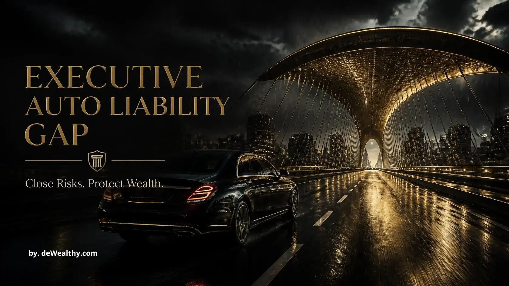 Executive auto liability gap banner: a luxury sedan crossing a golden umbrella bridge over a coverage chasm — identifying coverage blind spots, bridging policy limits, and protecting personal wealth.
