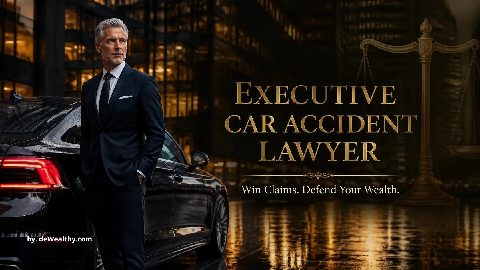 Executive car accident lawyer banner: a tailored executive beside an obsidian luxury sedan at dusk beneath golden scales of justice — protecting high-net-worth drivers from predatory lawsuits and securing maximum insurance claim payouts.