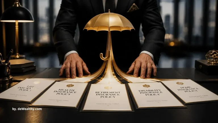 Executive insurance bundling banner: policy documents consolidated beneath one golden umbrella — consolidating high-value policies, maximizing umbrella limits, and reducing C-suite premium costs.