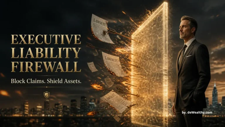 Executive liability firewall banner: an executive shielded by a towering golden firewall — deploying massive umbrella limits, blocking catastrophic lawsuits, and insulating net worth.