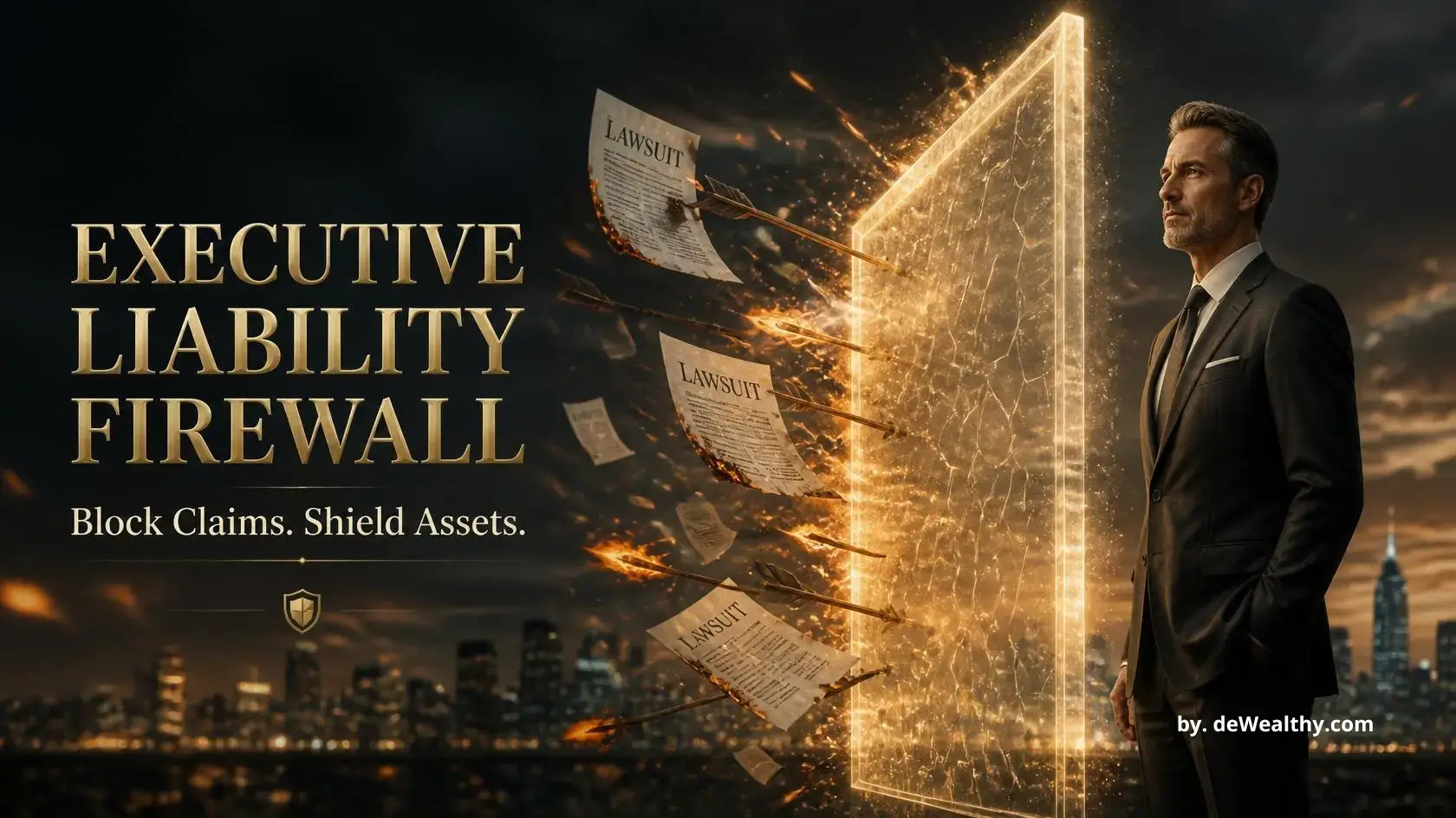 Executive liability firewall banner: an executive shielded by a towering golden firewall — deploying massive umbrella limits, blocking catastrophic lawsuits, and insulating net worth.