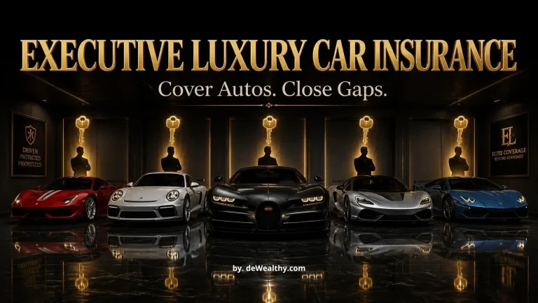 Executive luxury car insurance banner: a hypercar fleet beneath floating golden keys — insuring exotic fleets, covering multiple HNW drivers, and closing high-value liability gaps.