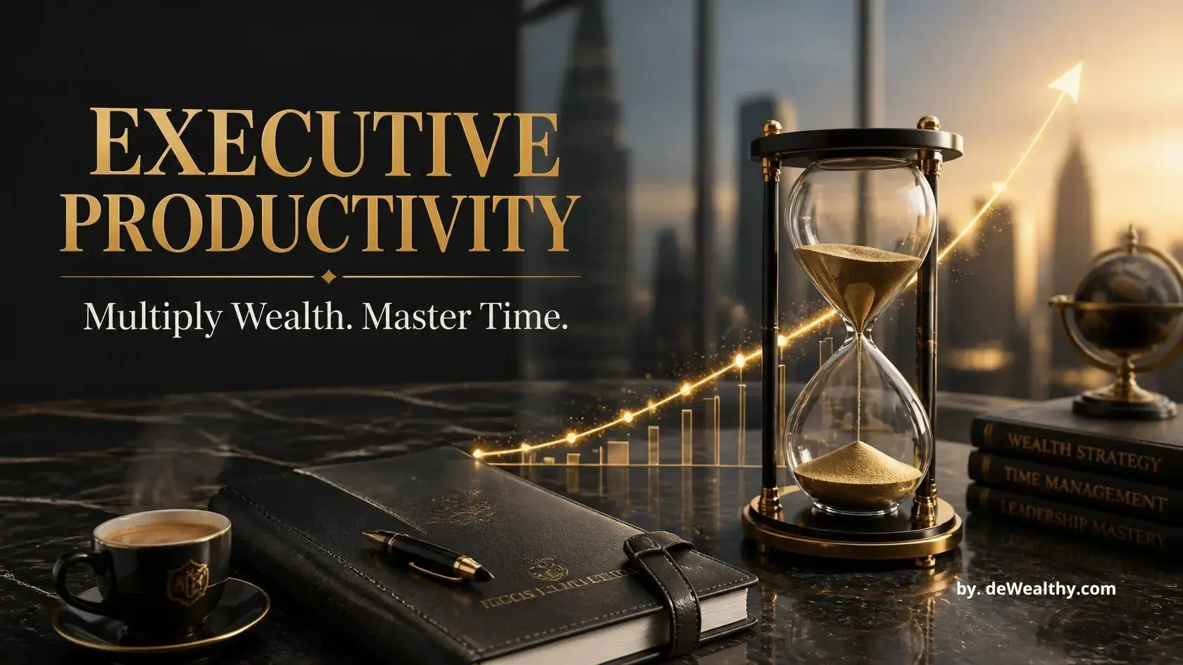 Executive productivity wealth banner: a dawn desk with a golden compounding curve — optimizing C-suite time leverage, aligning habits with capital growth, and scaling decision output.