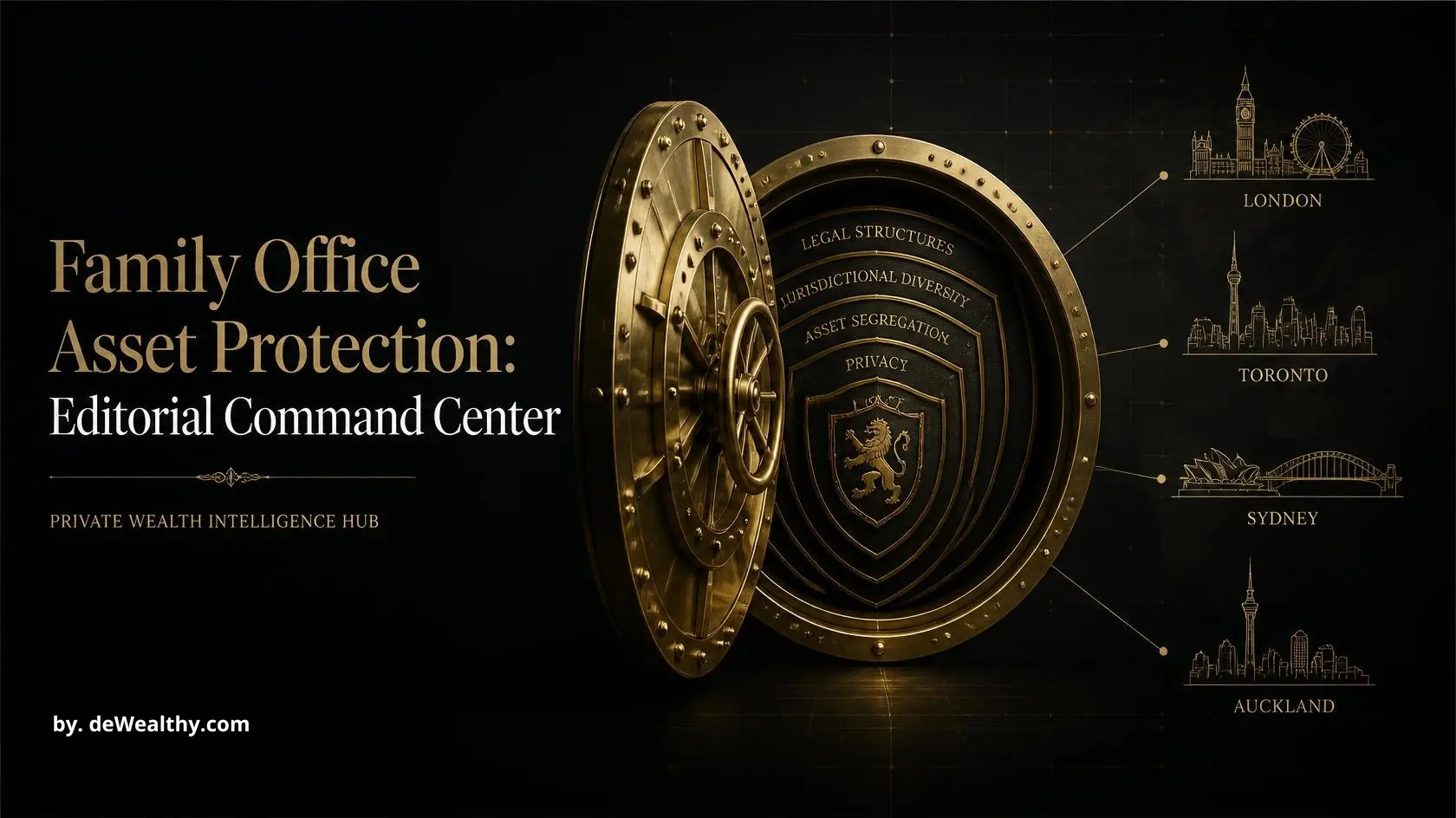 DeWealthy family office research desk contact: antique brass lamp illuminating leather dossier and fountain pen, symbolizing confidential private wealth advisory services.