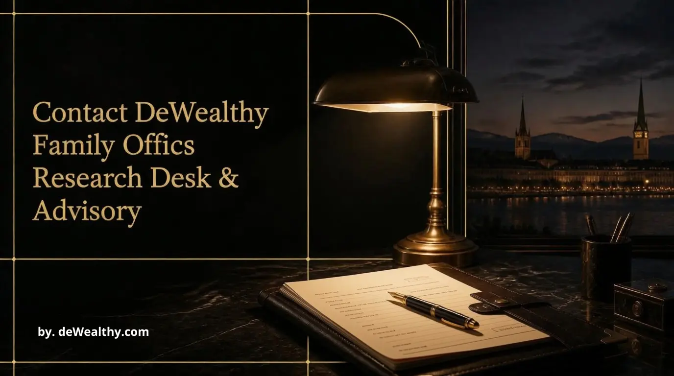 DeWealthy family office research desk contact: antique brass lamp illuminating leather dossier and fountain pen, symbolizing confidential private wealth advisory services.
