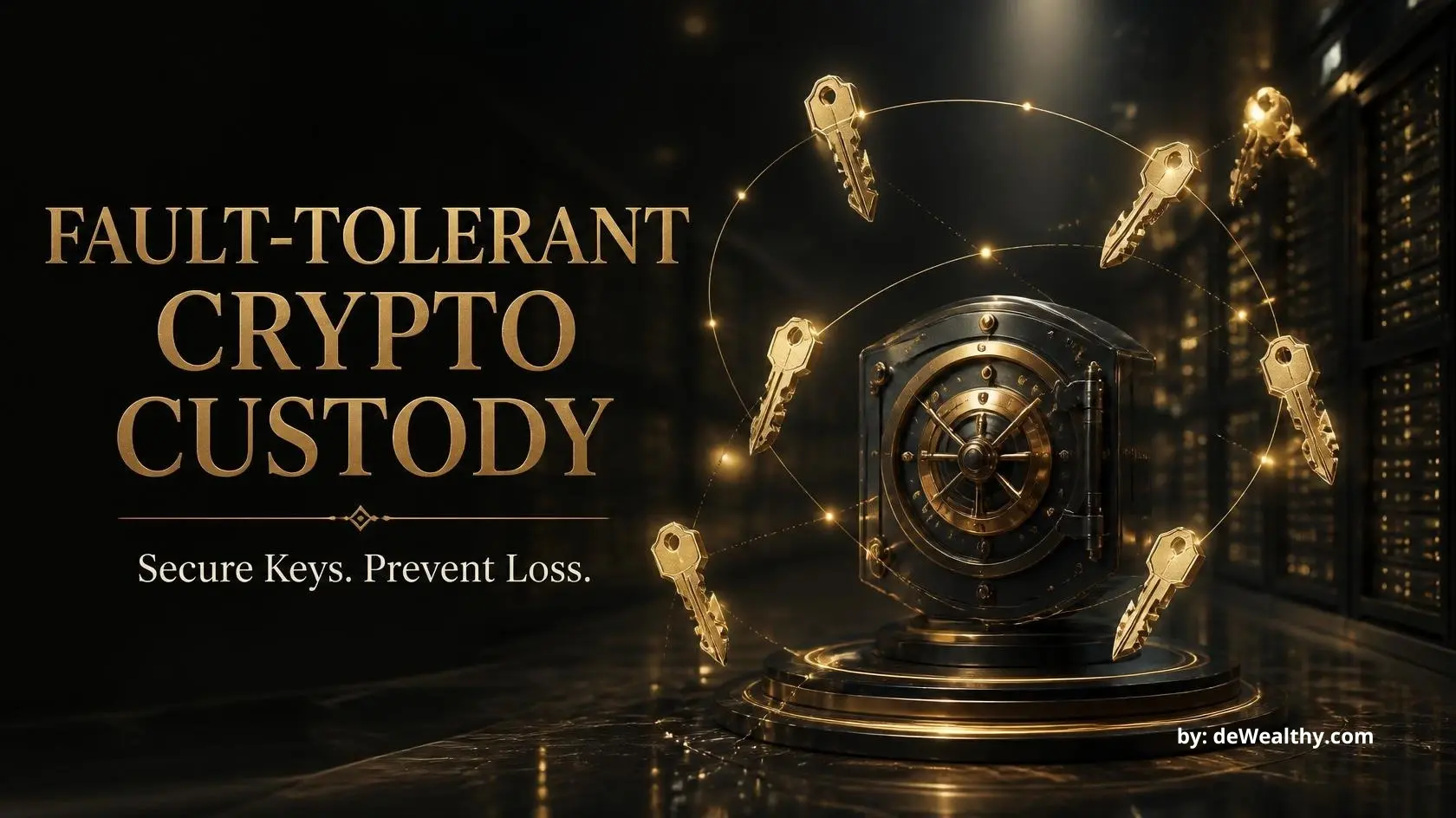Fault-tolerant crypto custody banner: MPC key shards orbiting a vault — eliminating single points of failure, deploying secure key management, and protecting family office crypto from hacks.