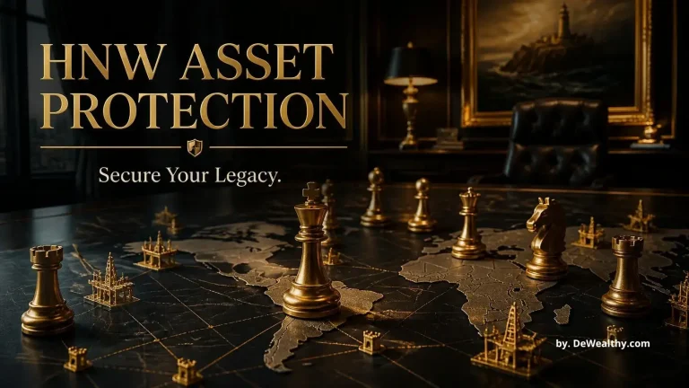 HNW asset protection banner: golden chess pieces on a global map — insulating family office portfolios, deploying offshore structures, and blocking global creditor claims.