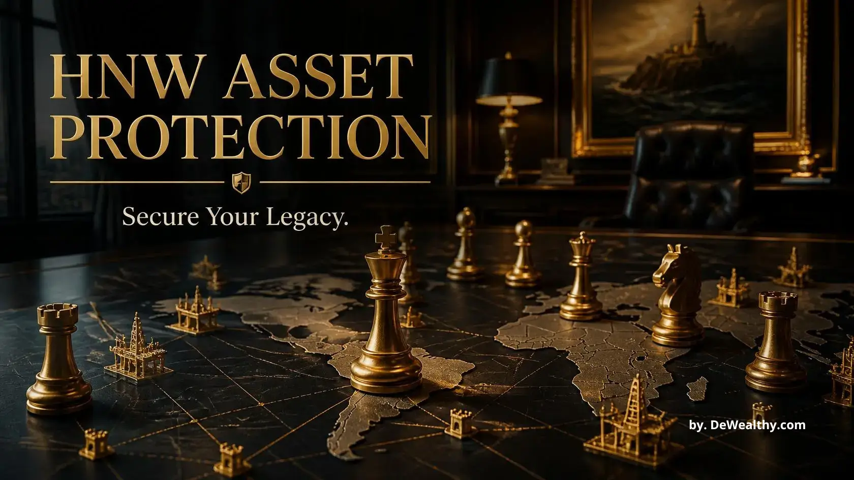 HNW asset protection banner: golden chess pieces on a global map — insulating family office portfolios, deploying offshore structures, and blocking global creditor claims.