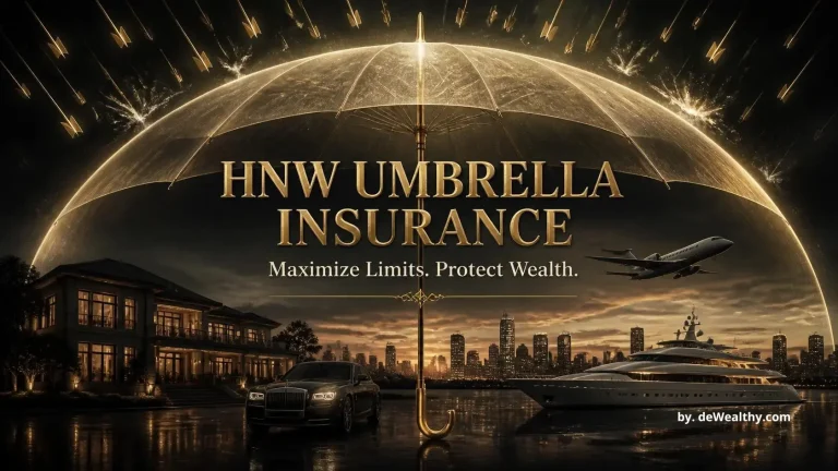 HNW umbrella insurance banner: a colossal golden umbrella over estates, yachts, and jets — securing catastrophic liability limits for family offices and C-suite executives.