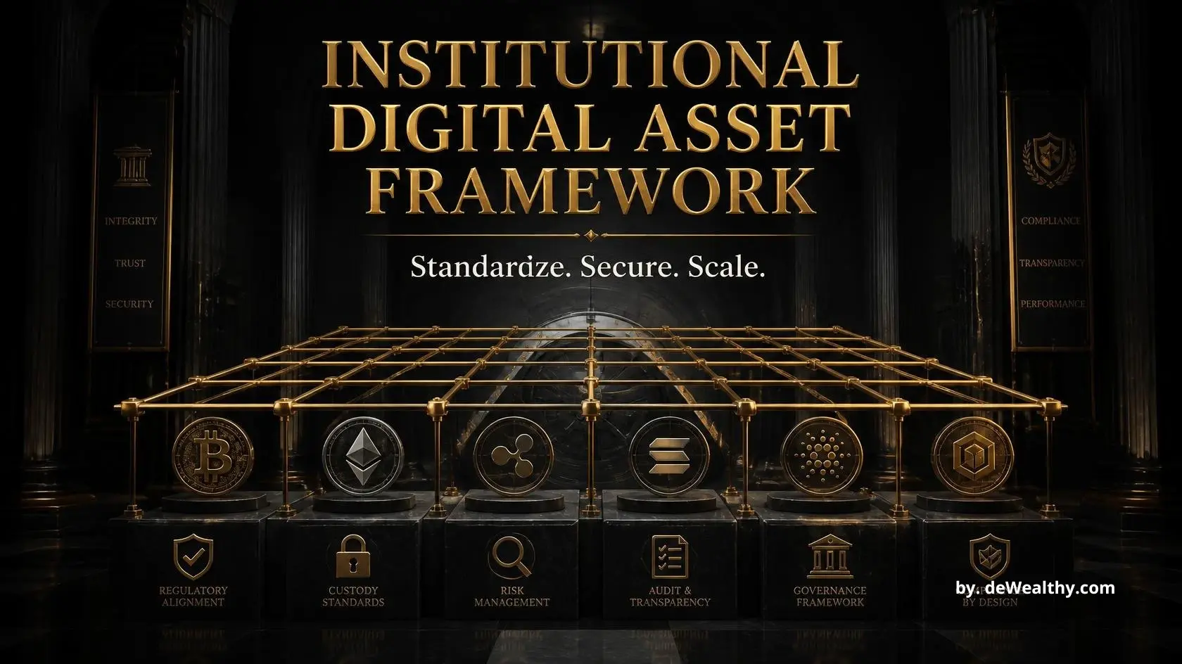 Institutional digital asset framework banner: a golden grid over secured tokens — standardizing family office crypto risk, deploying compliant custody, and scaling capital allocation safely.