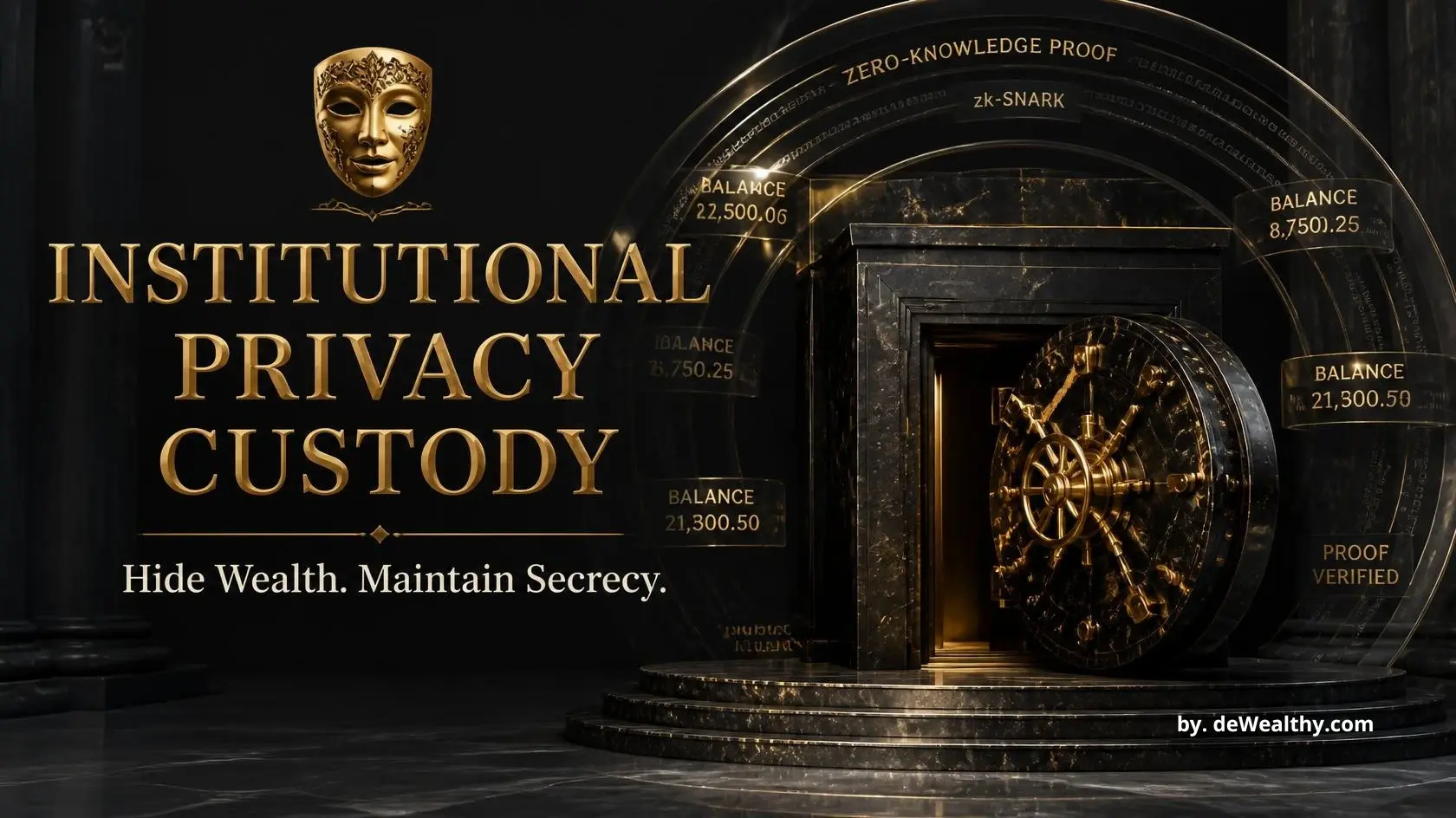 Institutional privacy custody banner: a veiled vault with zero-knowledge rings — shielding UHNW transaction histories, obscuring digital asset balances, and deploying zero-knowledge custody proofs.