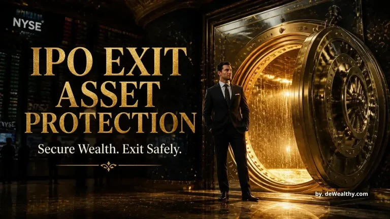 IPO exit asset protection banner: a founder before a golden vault at the exchange — shielding post-IPO liquidity from claims, optimizing founder tax structures, and insulating sudden wealth.
