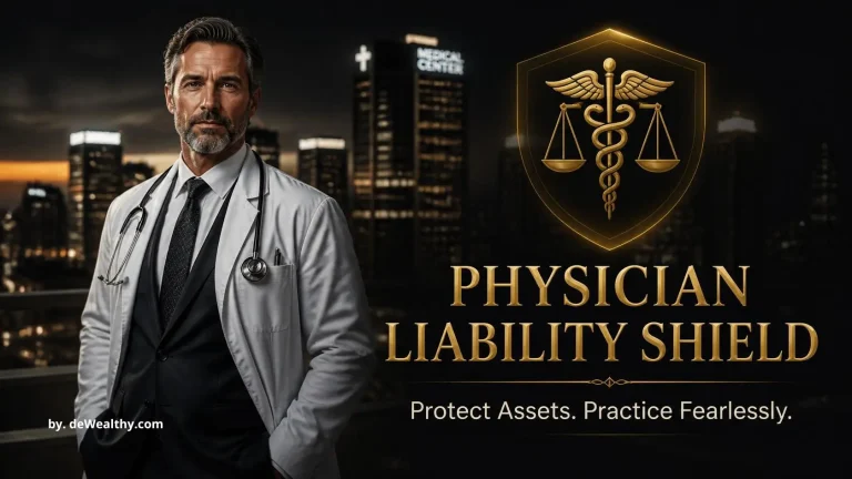 Physician executive liability shield banner: a distinguished physician beside a golden shield — blocking malpractice litigation, insulating personal assets, and structuring executive liability firewalls.