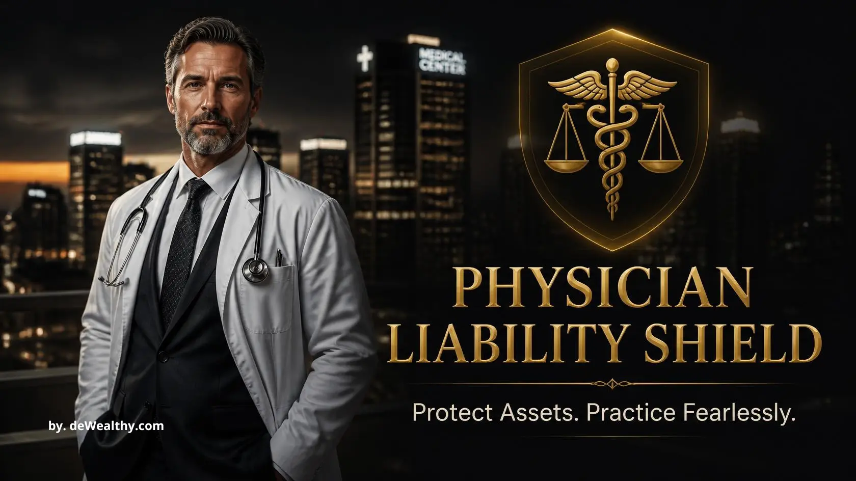 Physician executive liability shield banner: a distinguished physician beside a golden shield — blocking malpractice litigation, insulating personal assets, and structuring executive liability firewalls.