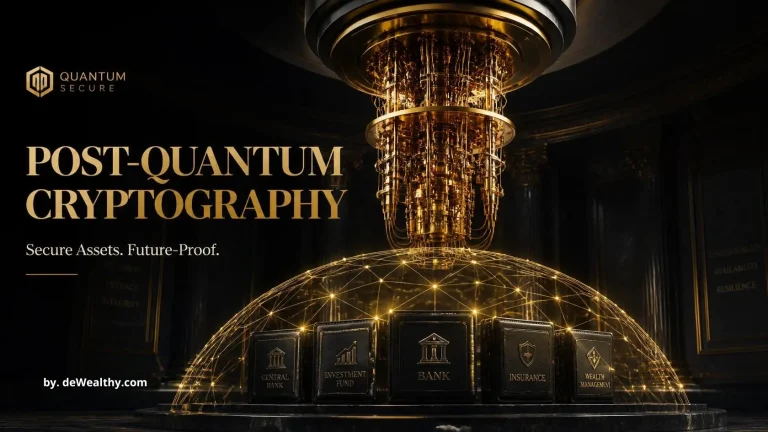 Post-quantum cryptography banner: a golden lattice shield over wallets beneath a quantum core — upgrading to quantum-resistant algorithms and future-proofing family office digital wealth.