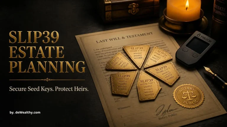 SLIP39 estate planning banner: seed shards in golden plates beside an estate deed — securing seed phrase succession, distributing hardware wallet access legally, and optimizing inheritance tax.