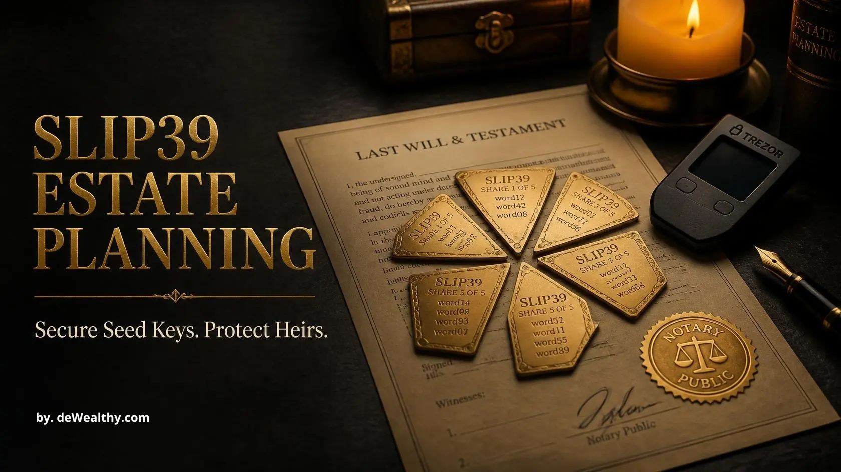 SLIP39 estate planning banner: seed shards in golden plates beside an estate deed — securing seed phrase succession, distributing hardware wallet access legally, and optimizing inheritance tax.