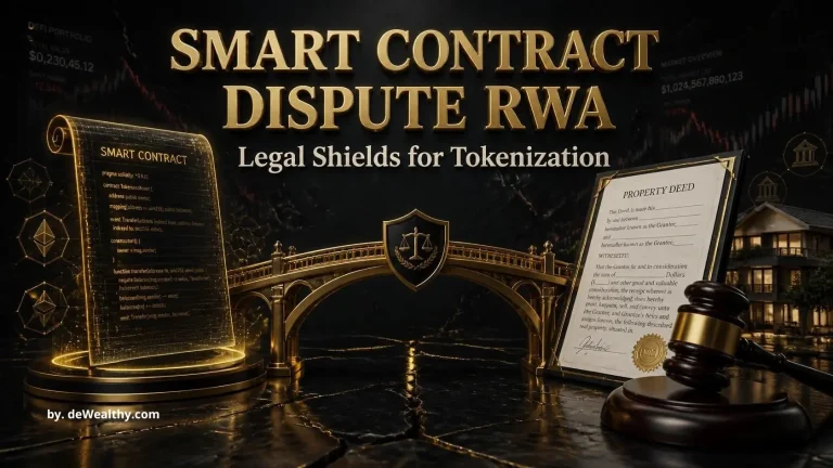 Smart contract dispute RWA banner: a golden bridge between code and a gavel — resolving tokenization conflicts, protecting capital from DeFi hacks, and bridging code execution with real-world law.