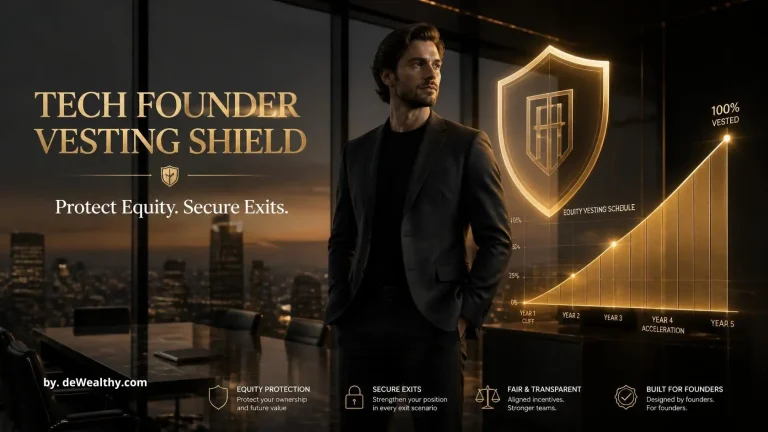 Tech founder vesting shield banner: a founder guarding a golden vesting chart in a dusk boardroom — shielding startup equity pre-IPO, mitigating lockup risks, and structuring C-suite liquidity exits.