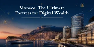 Monaco skyline at dusk with modern architecture and yacht harbor, overlaid with golden blockchain network visualization representing digital asset trust and asset protection framework for HNW founders and tech executives