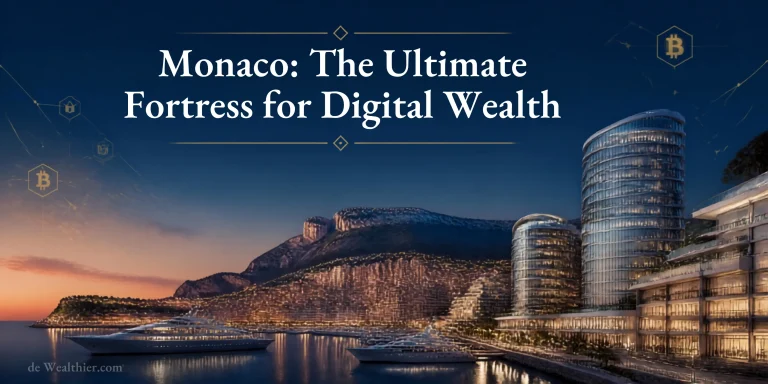 Monaco skyline at dusk with modern architecture and yacht harbor, overlaid with golden blockchain network visualization representing digital asset trust and asset protection framework for HNW founders and tech executives