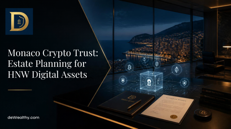 Monaco Crypto Trust and Estate Planning Banner by deWealthy.com showing digital asset trust network overlaid on a high-end financial setting overlooking Monaco.