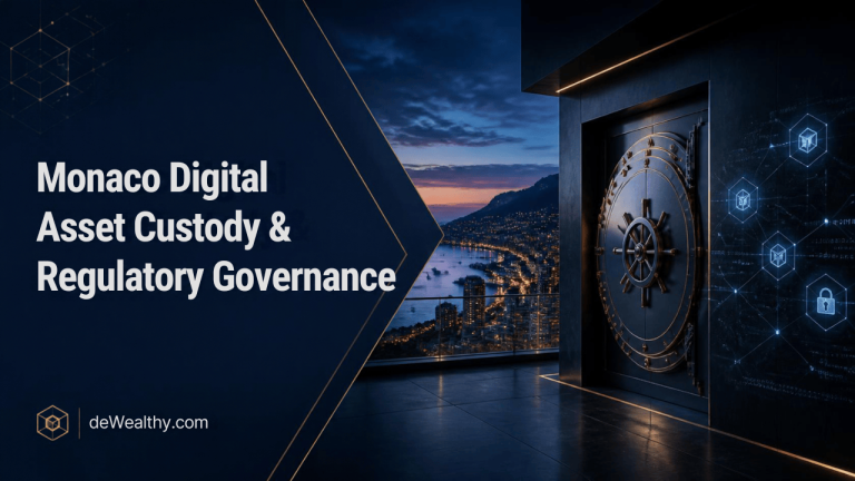 Monaco Digital Asset Custody & Regulatory Governance banner by deWealthy.com featuring digital cryptographic vault elements against a Monaco background.
