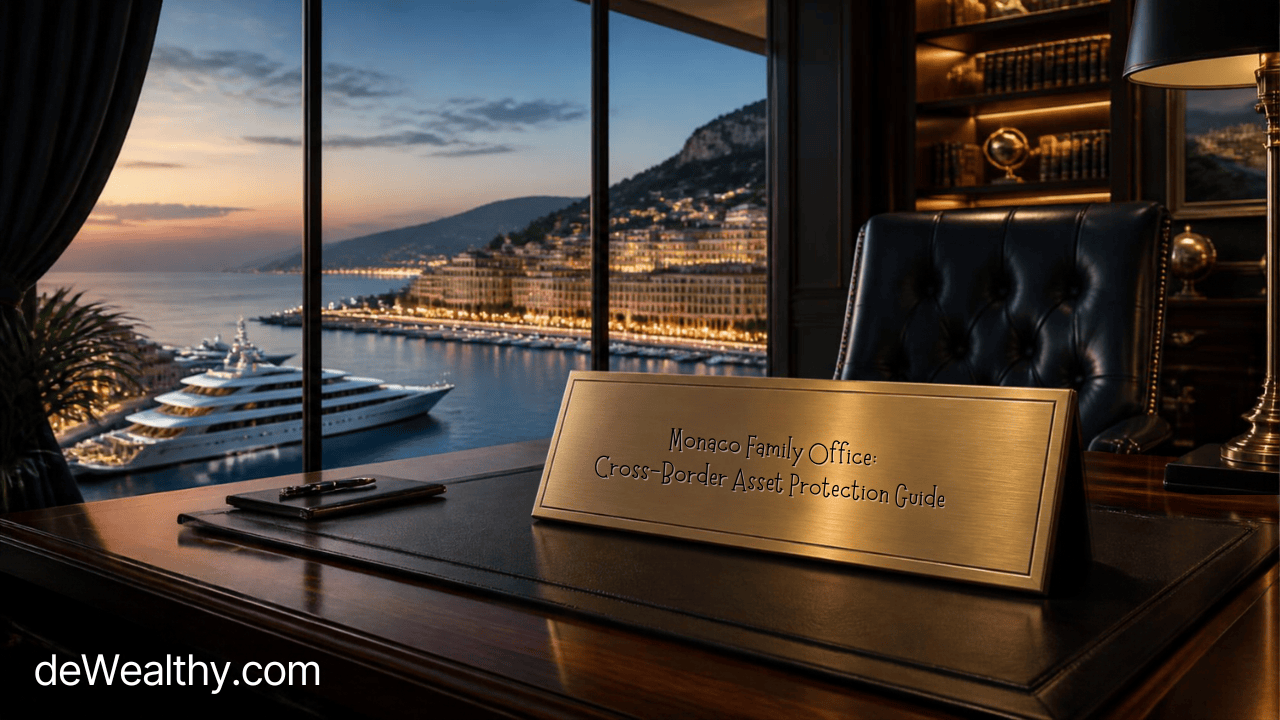 Monaco Family Office Cross-Border Asset Protection Guide banner featuring a luxury office overlooking Monaco harbor with deWealthy.com branding.