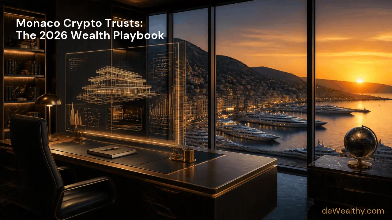 Executive digital asset protection banner illustrating Monaco crypto trust estate planning rules for HNWIs by deWealthy.com