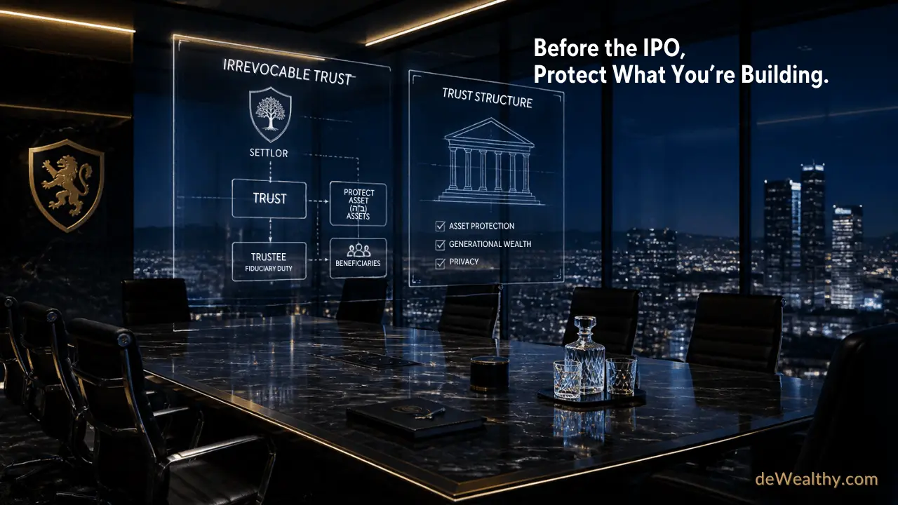 Executive startup equity protection banner illustrating pre-IPO founder asset protection trust architecture by deWealthy.com